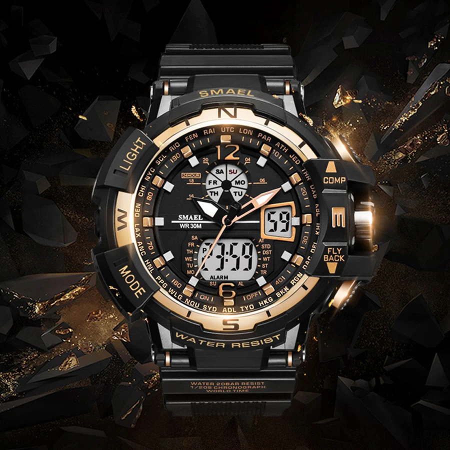 2018 Man Sport Watch Waterproof Shock Resitant SMAEL Brand Luxury Men's Wrist Watch S Shock Digital Clock LED Mens Watches Gold
2018 Man Sport Watch Waterproof Shock Resitant SMAEL Brand Luxury Men's Wrist Watch S Shock Digital Clock LED Mens Watches Gold