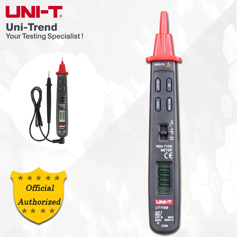 UNI-T UT118B Pen Type Digital Multimeter; Voltage/Resistance/Capacitance Test, EF Function, Continuity Buzzer, LCD Backlight
UNI-T UT118B Pen Type Digital Multimeter; Voltage/Resistance/Capacitance Test, EF Function, Continuity Buzzer, LCD Backlight