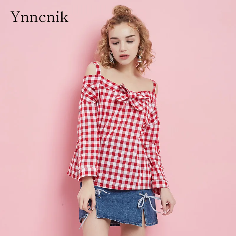 Ynncnik 2018 новые клетчатые рубашки для женщин из хлопка и льна с вырезом лодочкой