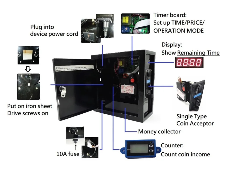110V or 220V coin operated Timer Control Board Power Supply box with Plastic front plate of coin acceptor, lock, and keys
110V or 220V coin operated Timer Control Board Power Supply box with Plastic front plate of coin acceptor, lock, and keys
