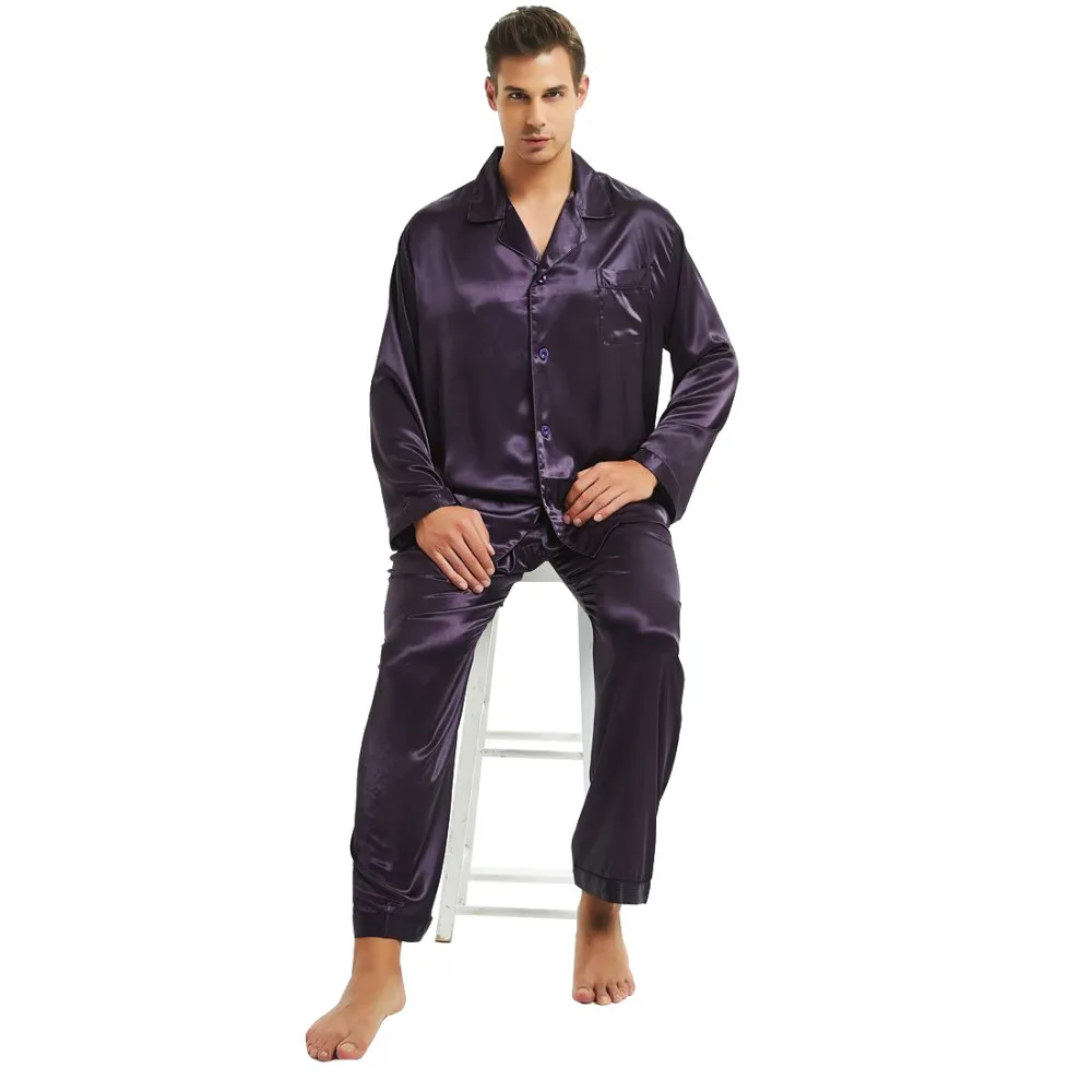 Мужская шелковая атласная пижама пижамный комплект одежда для сна домашняя