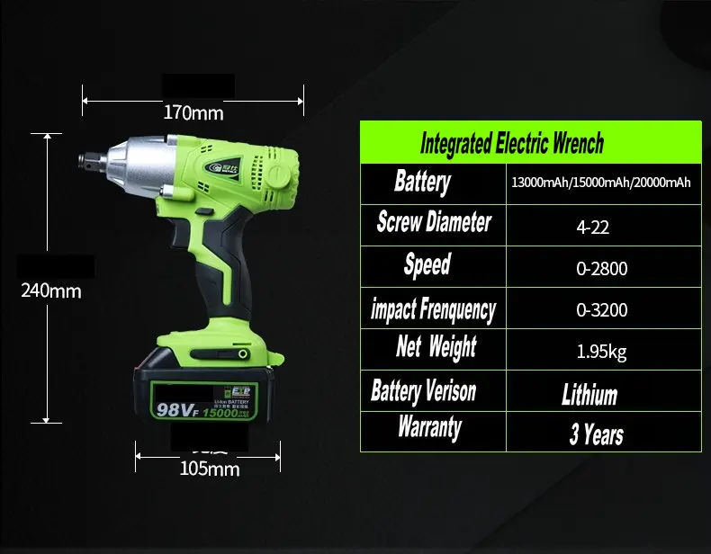 98TV 15000mAh Cordless Electric Wrench Impact Socket Wrench Li Battery Hand Drill Hammer Installation Power Tools
98TV 15000mAh Cordless Electric Wrench Impact Socket Wrench Li Battery Hand Drill Hammer Installation Power Tools