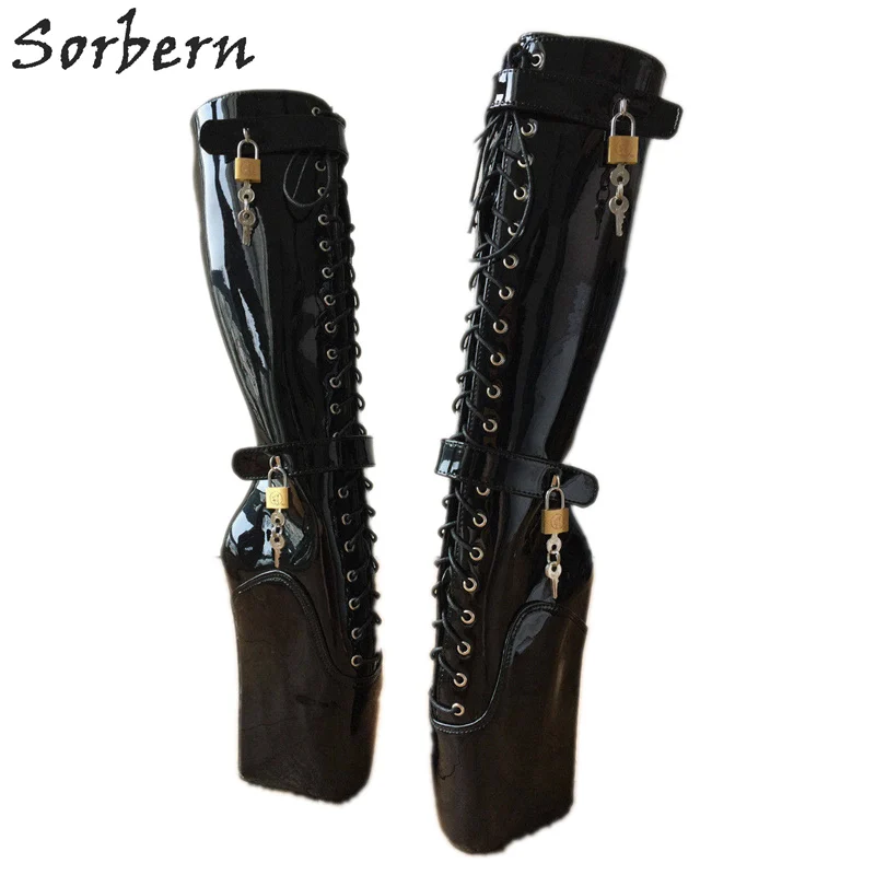 

Sorbern Sexy Fetish High Heel Boots For Women Hoof Heelless Fetish Pinup Ballet Lockable Wedge Boot Black Patent Shoes Ladies