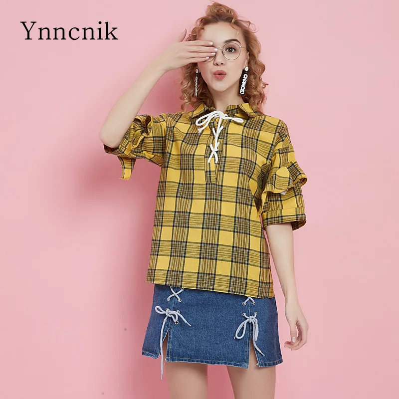 Ynncnik женская блузка в стиле преппи с рукавом до локтя клетчатая рубашка