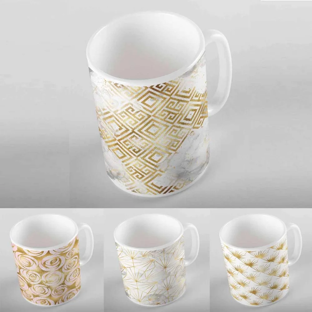 

Else Scandinavian White Golden Yellow Ikat Geometric 3D Digital Print Modern Turkish Ceramic Porcelain Coffee Tea Milk Cup Mug