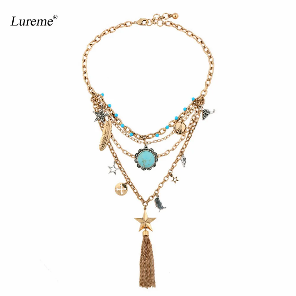 

Винтажное многослойное ожерелье Lureme Boho с синим камнем, цветком, кисточкой, звездами, перьями, Подвески (nl005815)