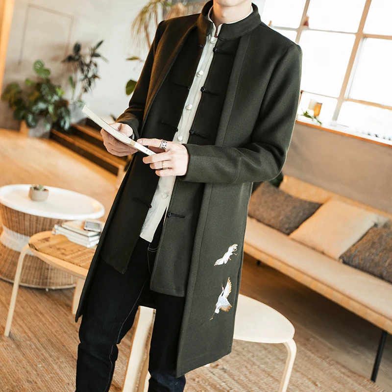 Мужское длинное шерстяное пальто MRDONOO костюм панкоу в стиле ретро с вышивкой 2017 |