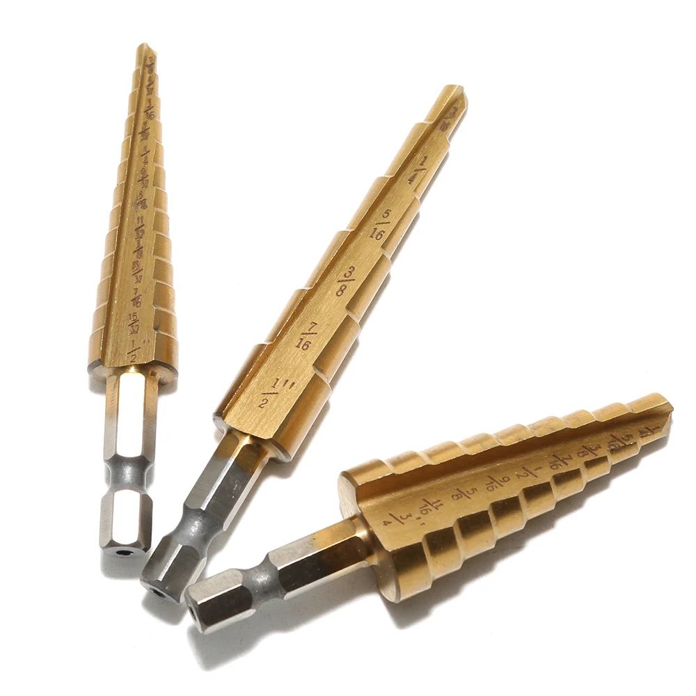 3pcs Hss Cone Step Drill Bit Metal Wood Hole Cutter Titanium Coated Sae Cone Drill Bit 3/16"-1/2'' 1/4"-3/4'' 1/8"-1/2'' + Punch
3pcs Hss Cone Step Drill Bit Metal Wood Hole Cutter Titanium Coated Sae Cone Drill Bit 3/16"-1/2'' 1/4"-3/4'' 1/8"-1/2'' + Punch