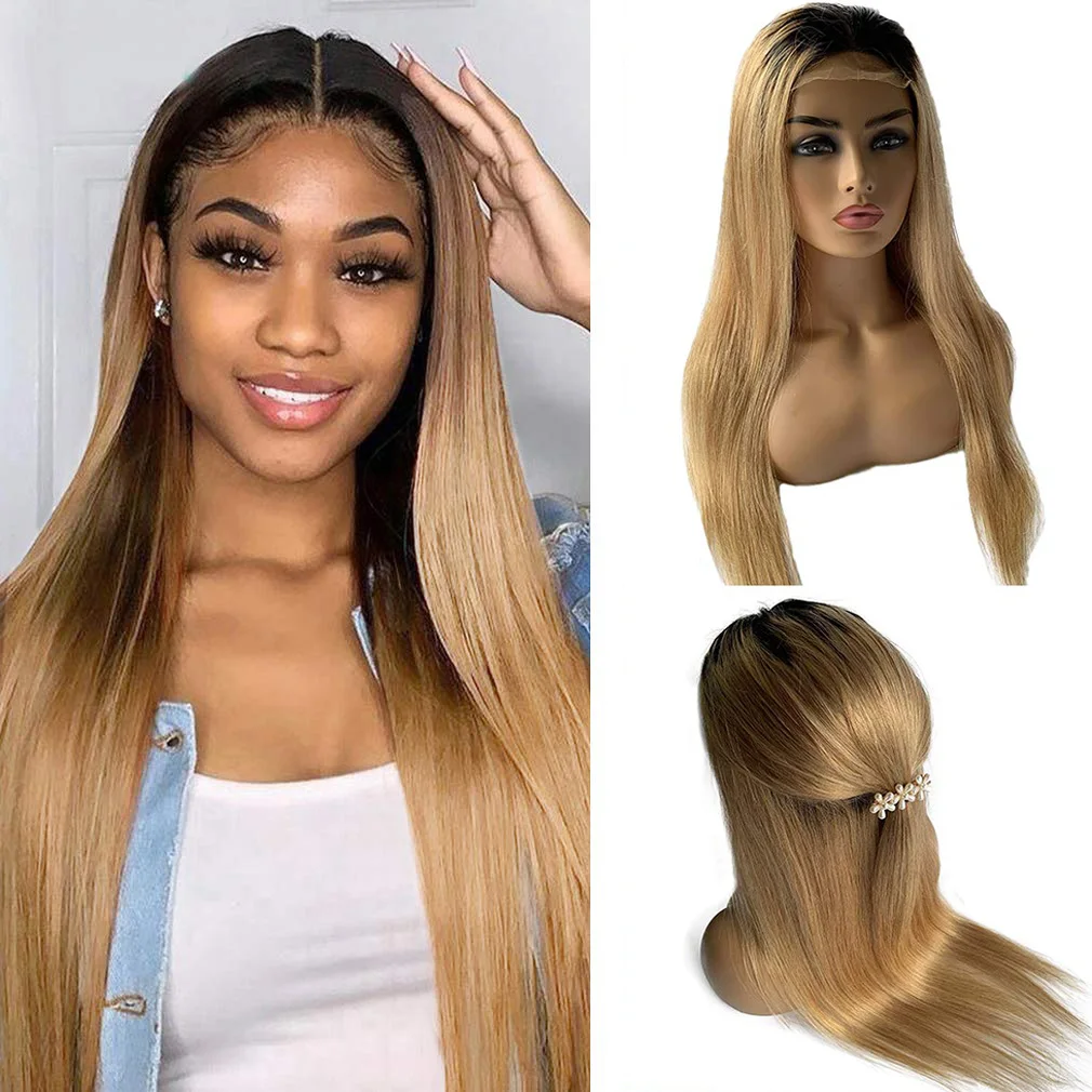 

Ombre Brown 4x4 Lace Closure Wig 150% Density 1B/27 Honey Blonde Brazilian Remy Straight Glueless Lace Front Human Hair Wigs