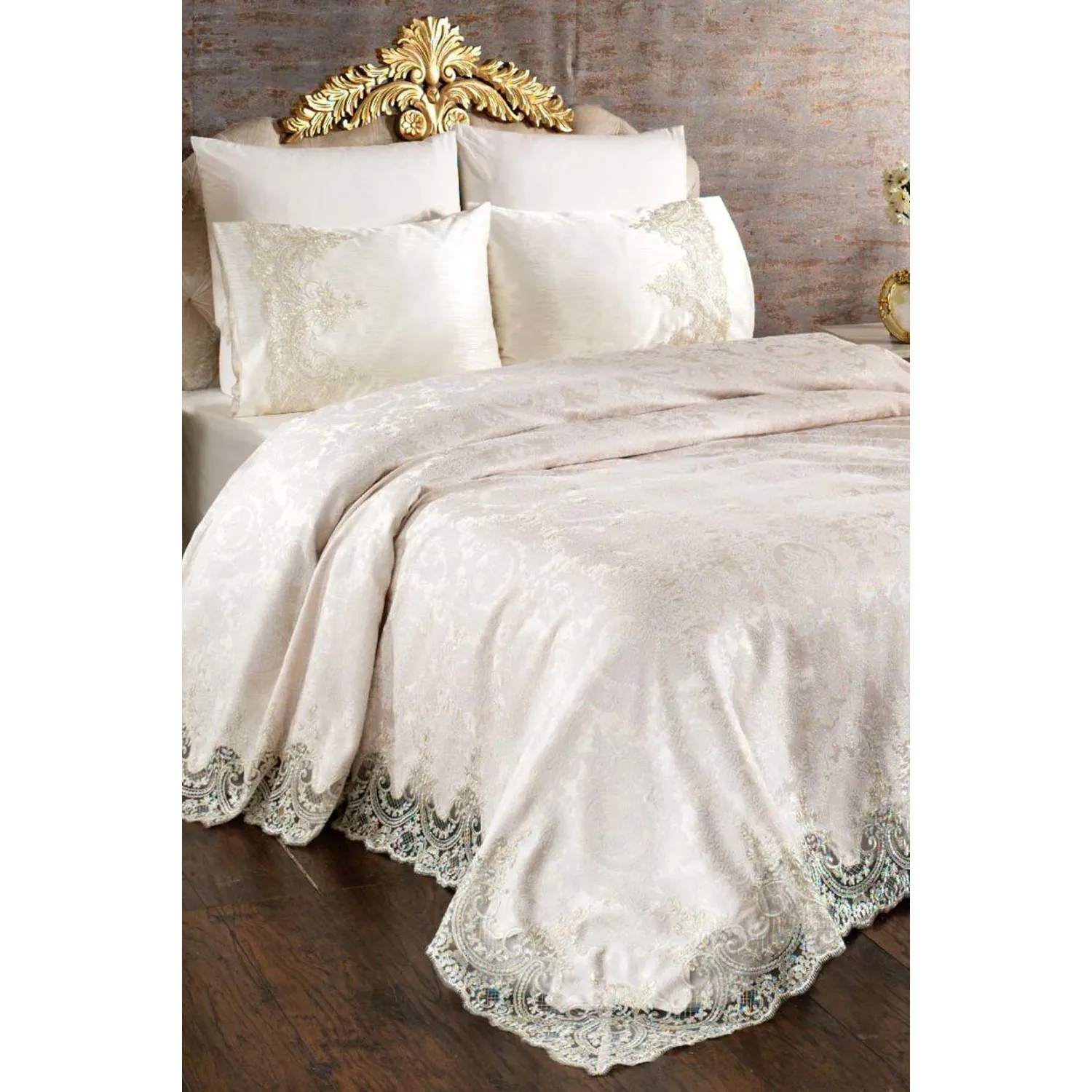 

6 Pieces Chenille Cream French Lace Double Pique Set Dowry Bedspread Set Bedspread Set Suitable for dowry, gift, daily use Fast