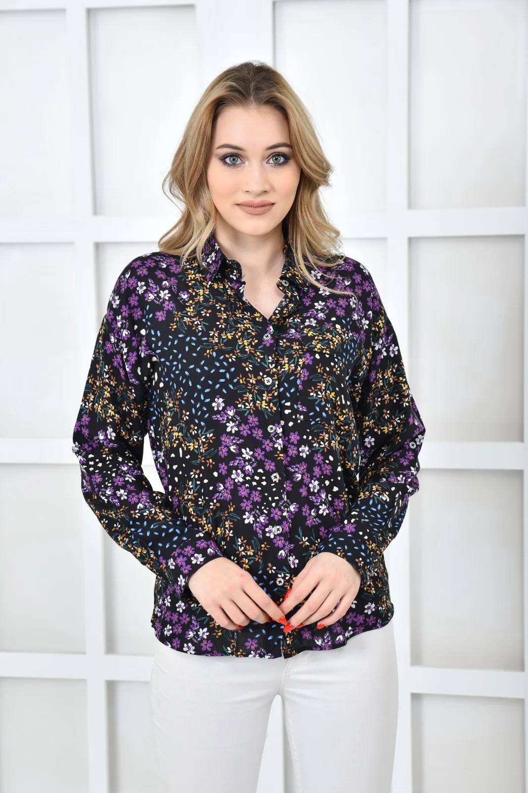 

Женские рубашки Diaves, новинка, летняя мода, цветочный узор, длинный рукав, приталенная Талия, Турция