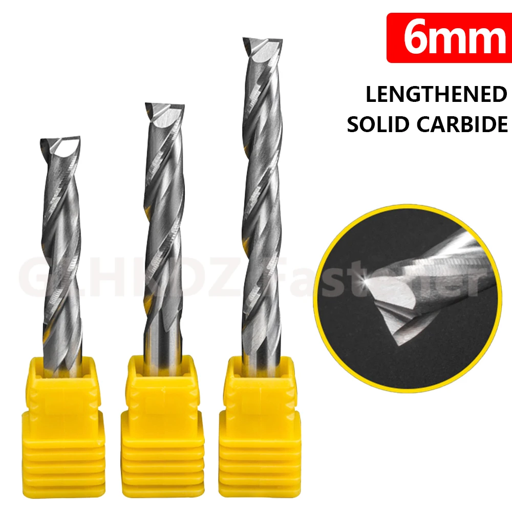 

Lengthened Ø 6mm Shank Solid Carbide 2-Flute Spiral Router Bit Flat Nose End Mill CNC Milling Cutter for MDF Solid Wood Plywood