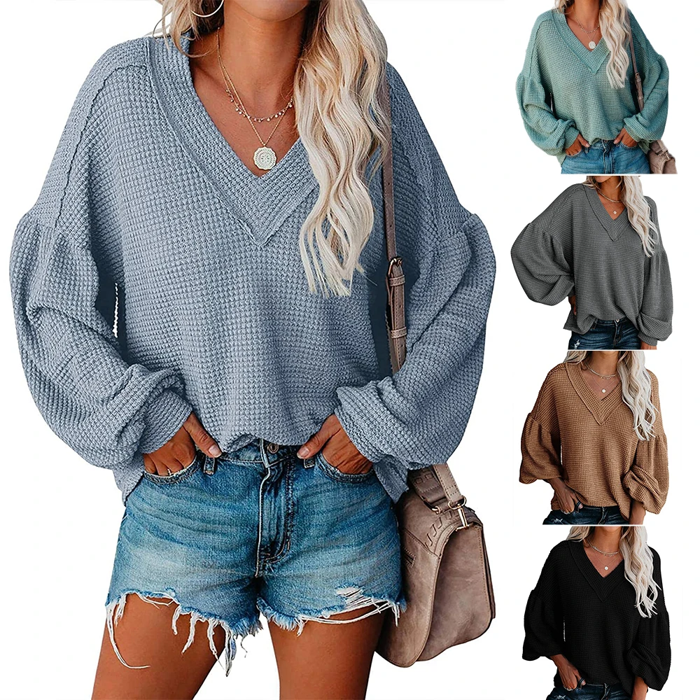 Women Fashion Knitted Street Wear V Neck Lantern Waffle Long Sleeve Pullover Tops Winter Solid Color Casual Loose Tunic Shirt
Women Fashion Knitted Street Wear V Neck Lantern Waffle Long Sleeve Pullover Tops Winter Solid Color Casual Loose Tunic Shirt