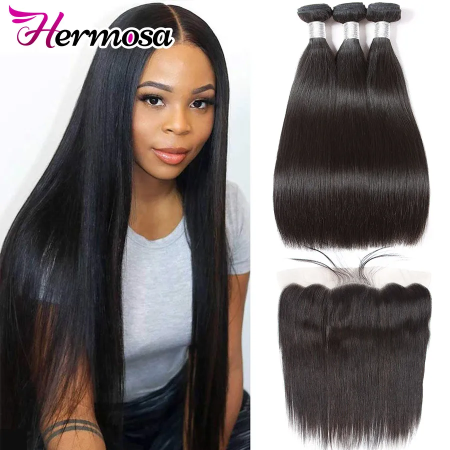 Hermosa малазийские прямые волосы 3 пряди с фронтальной застежкой Remy 13x4 Lce