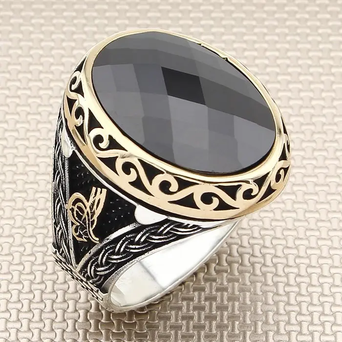 

Big Oval Black Zircon Stone Men Silver Ring With Ottoman Tugra Motif Made in Turkey Solid 925 Sterling Silver