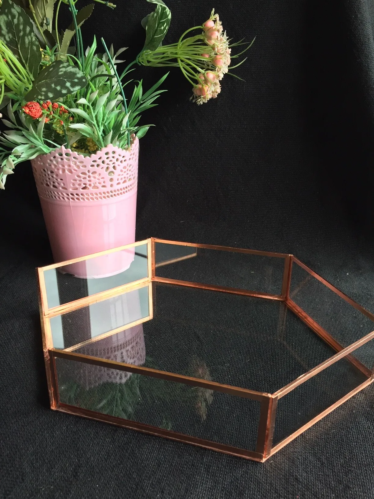 

bakır rose cam tasarım altıgen dekoratif kozmetik tepsisi ruj oje makyaj fırçası depolama doğum günü hediyesi geometrik