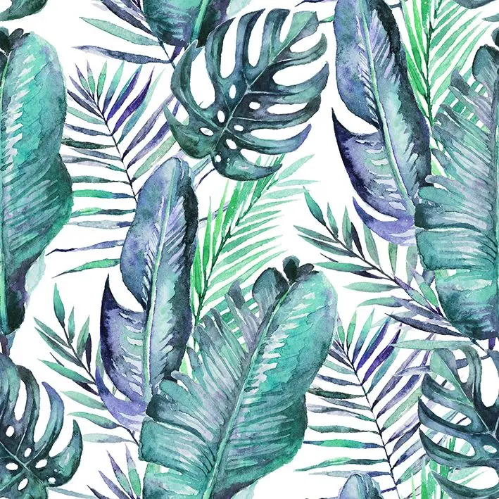 

Curtain Tropical Palm and Fern Leaves on White Background Exotic Nature Watercolor Artwork Printed Blue Green White