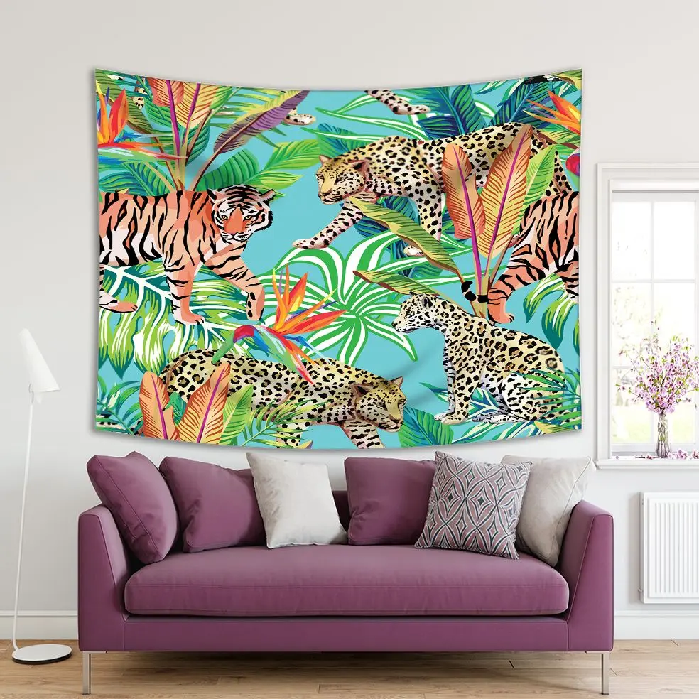 Tapestry Tiger and Leopards in Exotic Jungle Big Leaf Plants Trees Wildlife Animals Nature Artwork Blue Green Brown
Tapestry Tiger and Leopards in Exotic Jungle Big Leaf Plants Trees Wildlife Animals Nature Artwork Blue Green Brown