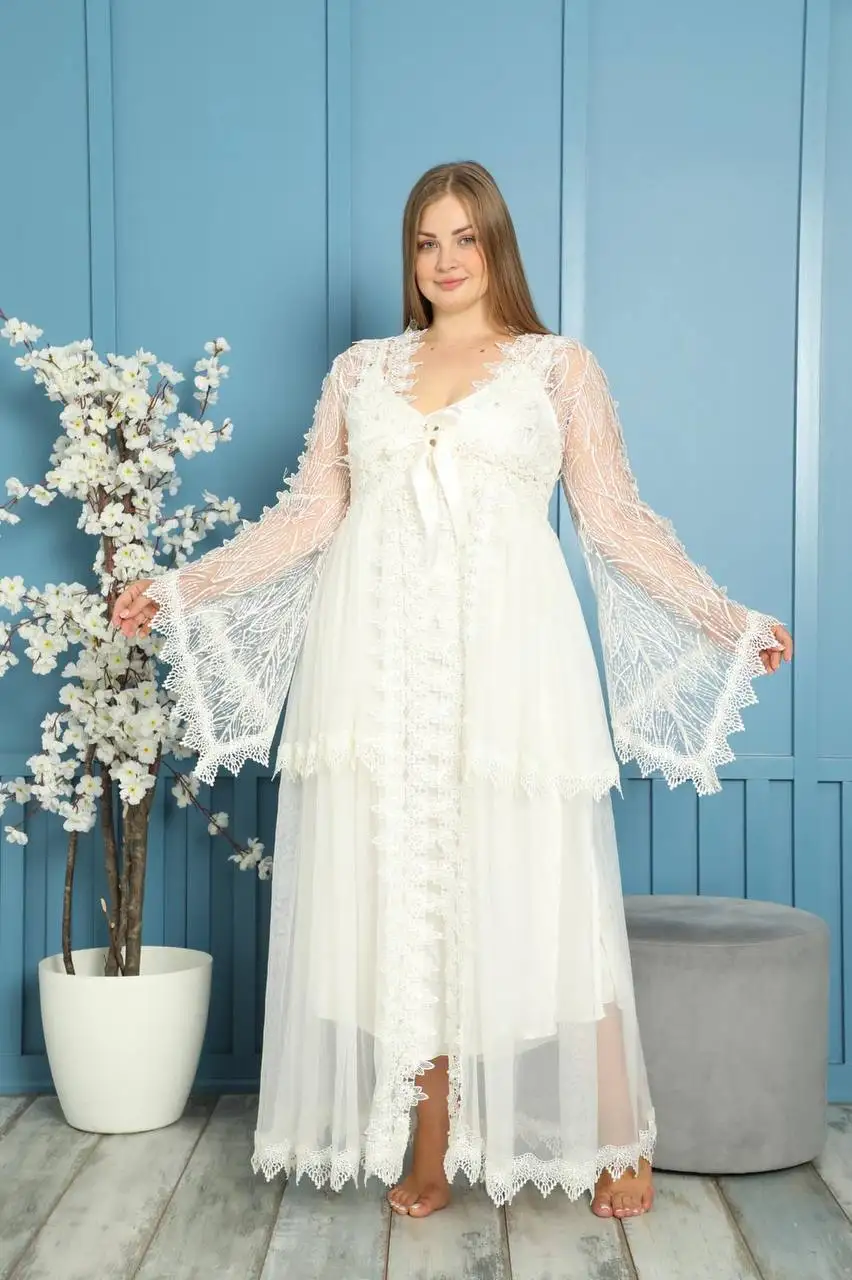 Women's nightgown dressing gown set white underwear luxury big size lace long sexy home casual sleeping bed wedding dowry gift
Women's nightgown dressing gown set white underwear luxury big size lace long sexy home casual sleeping bed wedding dowry gift