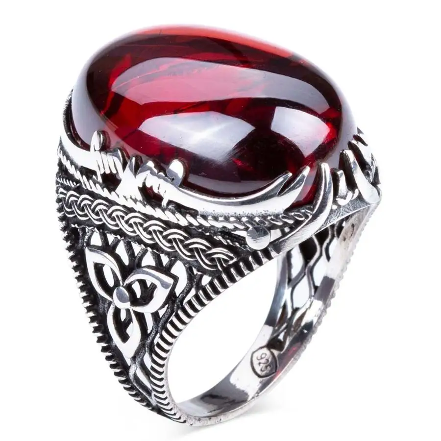 

Мужское кольцо из стерлингового серебра 925 пробы с красным цирконием и фигурным камнем, модное турецкое высококачественное ювелирное издел...