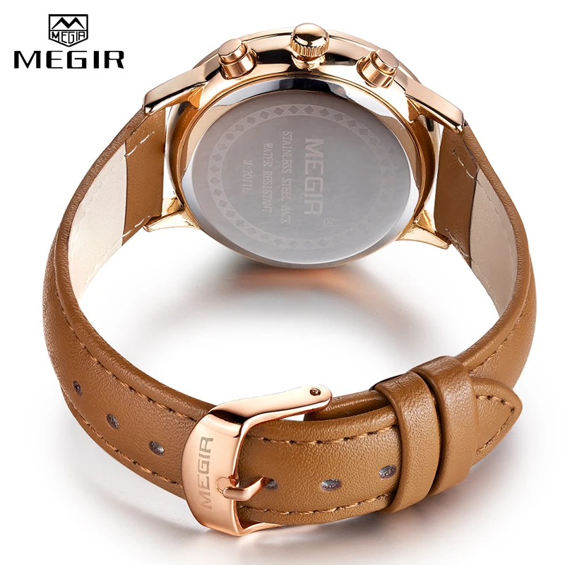 Часы Megir женские кварцевые с индикатором даты модные наручные коричневым кожаным