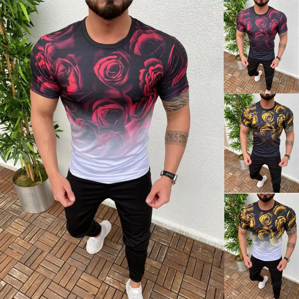 Gradient rose 3D printing summer new men's leisure fitness movement trend men's round collar trim top T-shirt 
Gradient rose 3D printing summer new men's leisure fitness movement trend men's round collar trim top T-shirt