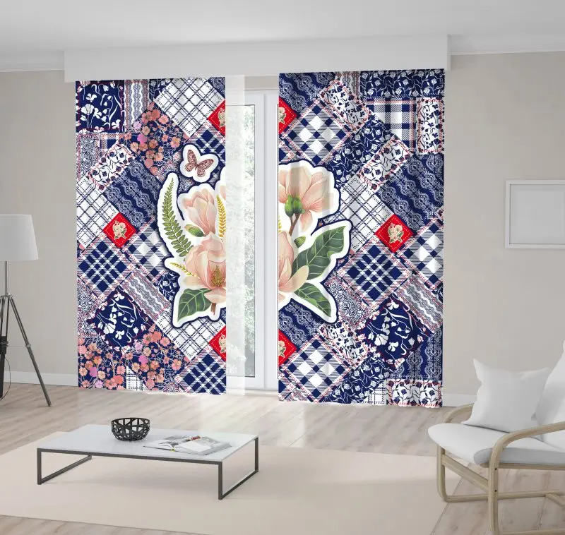 Curtain Checkered Fabrics Blooming Cherry Wildflowers Floral Motifs Patchwork Style Artwork Blue White
Curtain Checkered Fabrics Blooming Cherry Wildflowers Floral Motifs Patchwork Style Artwork Blue White