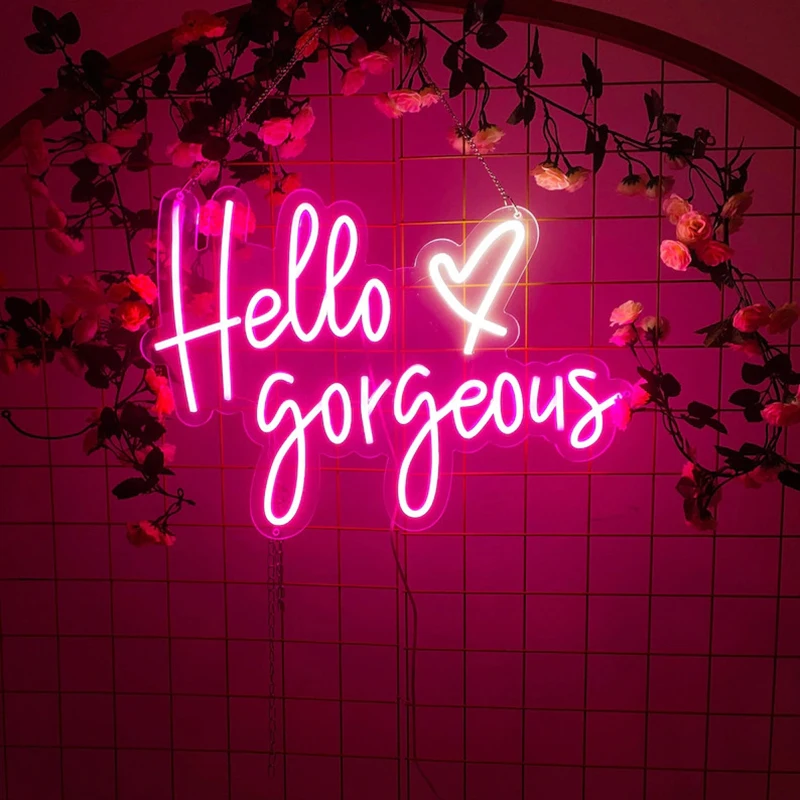 Custom Neon Sign Hello Gorgeous with Heart Neon Lights LED for Wall Bedroom Restaurant Shop Window Bar Party Wedding Decoration
Custom Neon Sign Hello Gorgeous with Heart Neon Lights LED for Wall Bedroom Restaurant Shop Window Bar Party Wedding Decoration