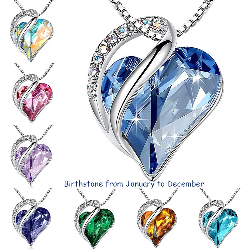 

Love Heart Crystals Pendant Necklace January To December Silver Plated Birthstone Jewelry for Women Blue Crystal Choker Necklace