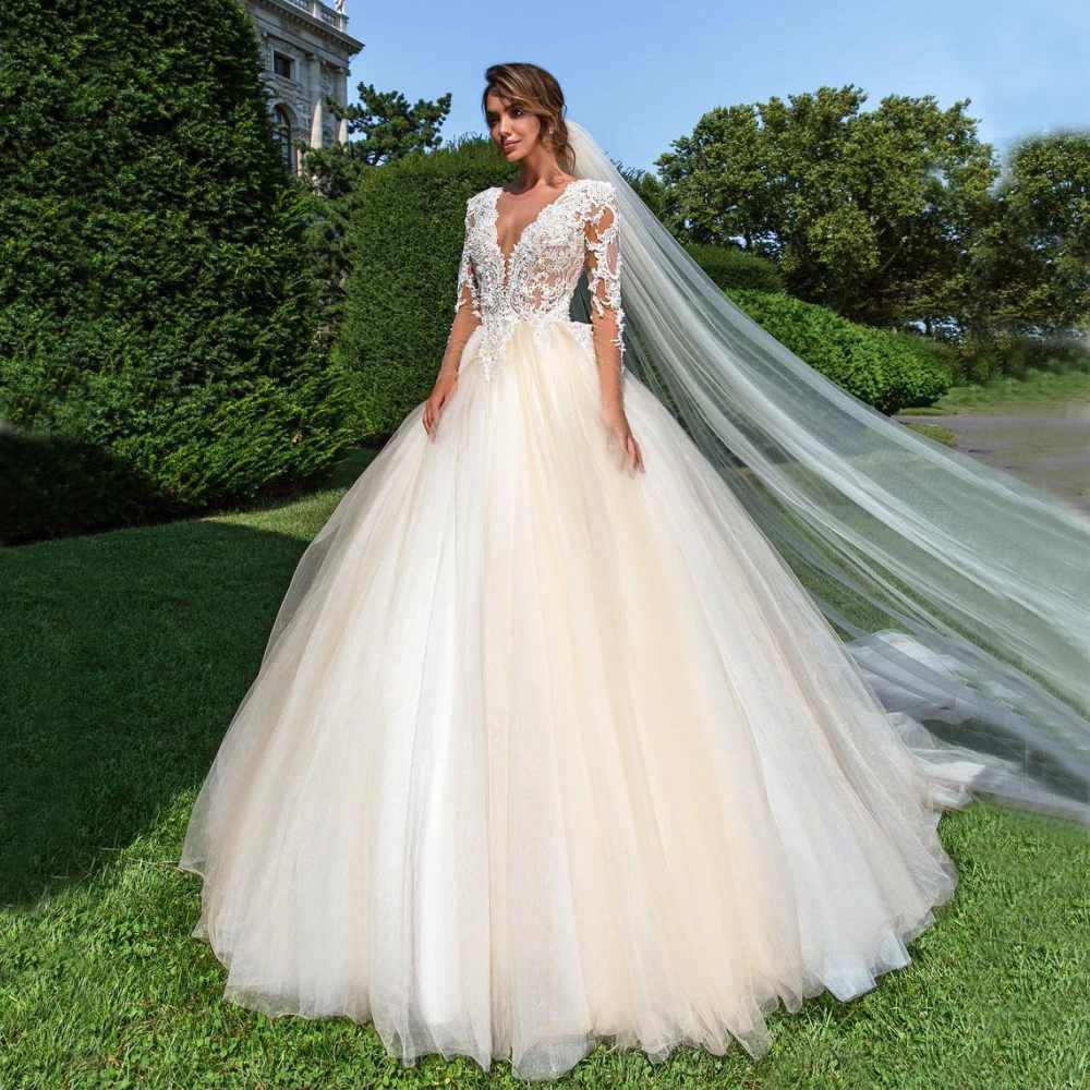 Vestido De Noiva V-Neck Appliques Tulle Ball Gown Beads Long Sleeve Wedding Dresses Rochii De Mireasa
Vestido De Noiva V-Neck Appliques Tulle Ball Gown Beads Long Sleeve Wedding Dresses Rochii De Mireasa