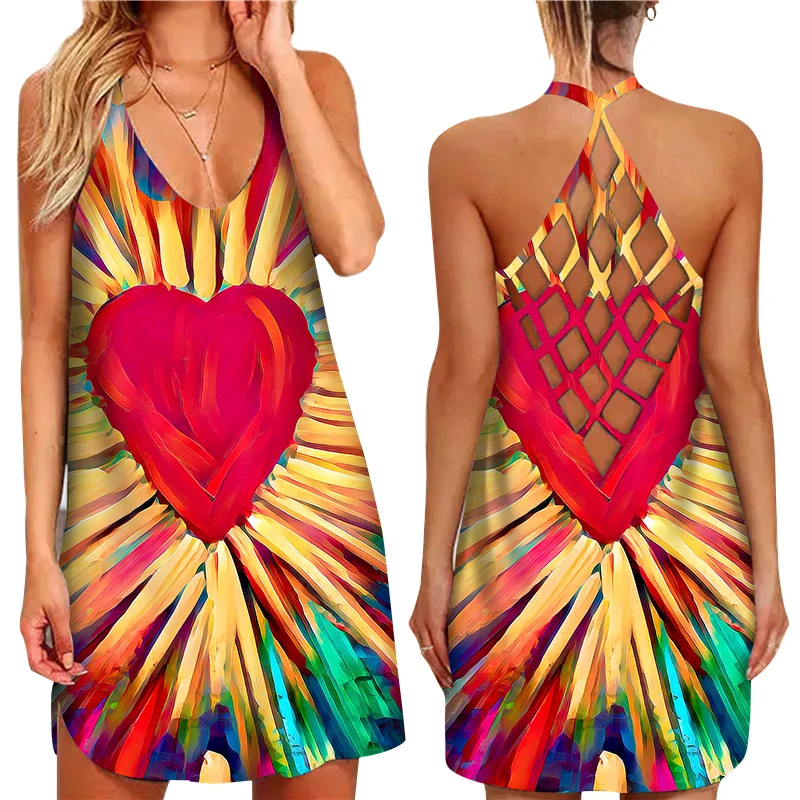

Summer Love Printing Nightdress Womens Criss-Cross Open Back Sleeveless Valentine Day Dress Sexy Ladies Hollow Out Party Dresses