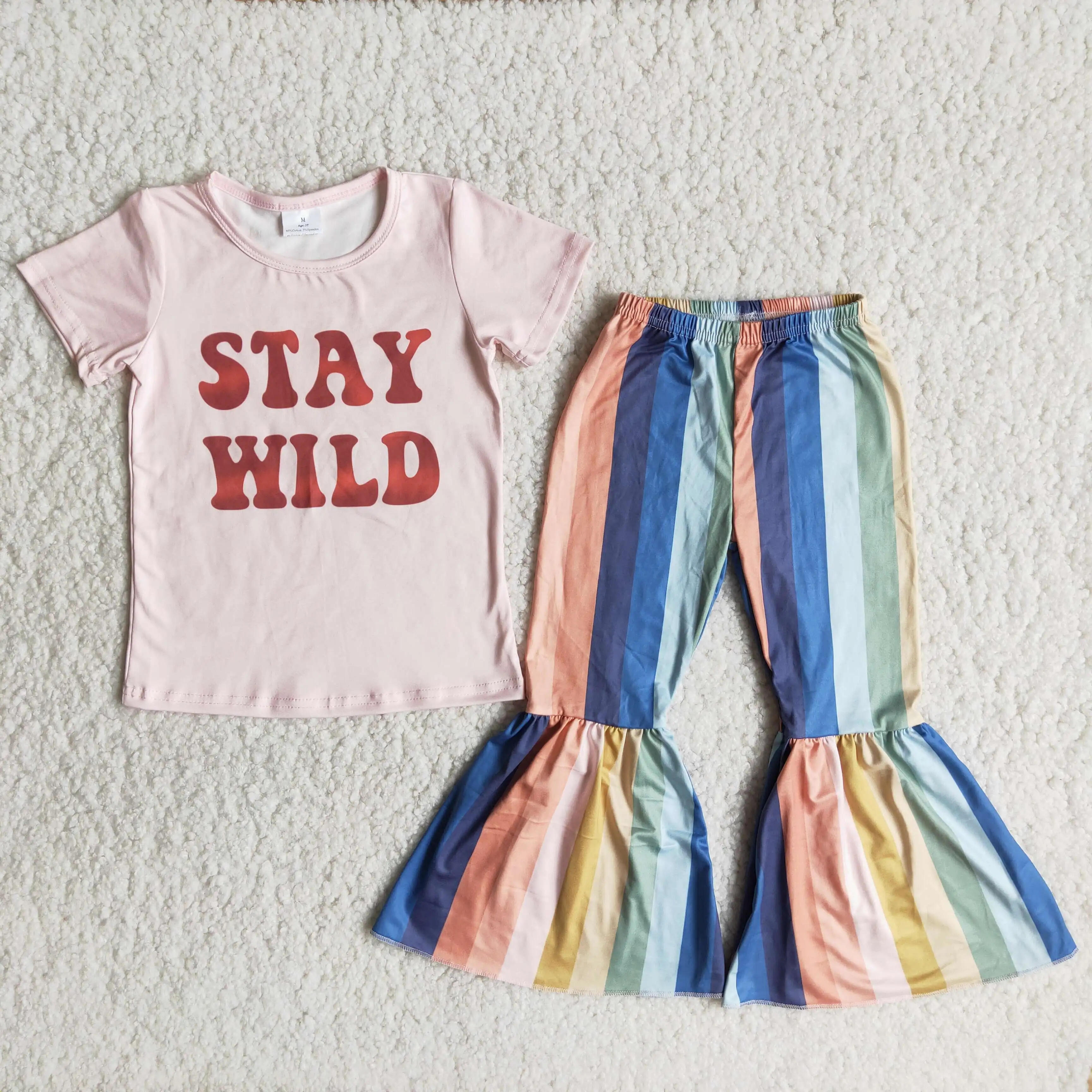 Toddlers Stay Wild Pink Outfits Baby Girls Short Sleeves Shirt Bell Bottom Stripe Pants Kids Clothing Sets Children Boutique
Toddlers Stay Wild Pink Outfits Baby Girls Short Sleeves Shirt Bell Bottom Stripe Pants Kids Clothing Sets Children Boutique