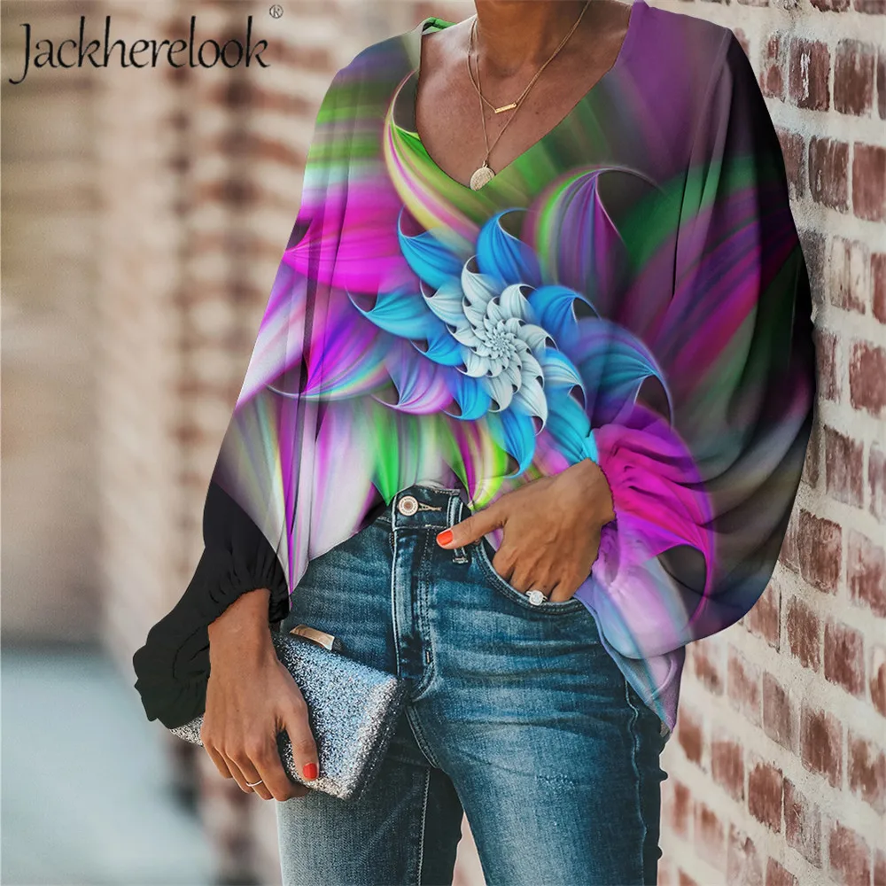 

Модная блузка Jackherelook, женская шифоновая одежда, красочный цветочный дизайн, повседневные топы больших размеров, рубашки, сексуальная рубаш...
