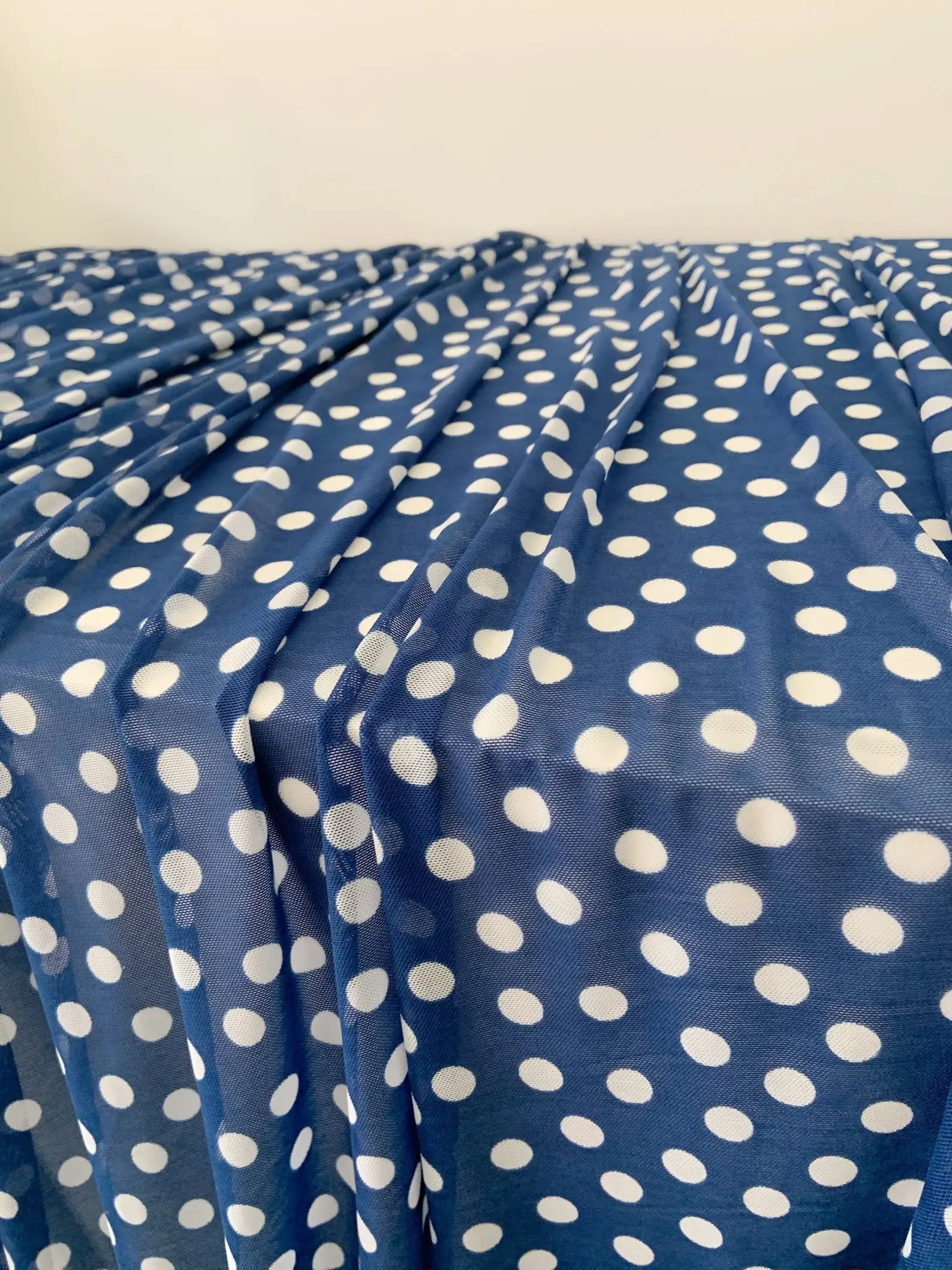 4 way Blue Power Mesh Fabric With Printed Polka Dots, Stretch Tulle Fabric, Super Smooth, Well Drape
4 way Blue Power Mesh Fabric With Printed Polka Dots, Stretch Tulle Fabric, Super Smooth, Well Drape
