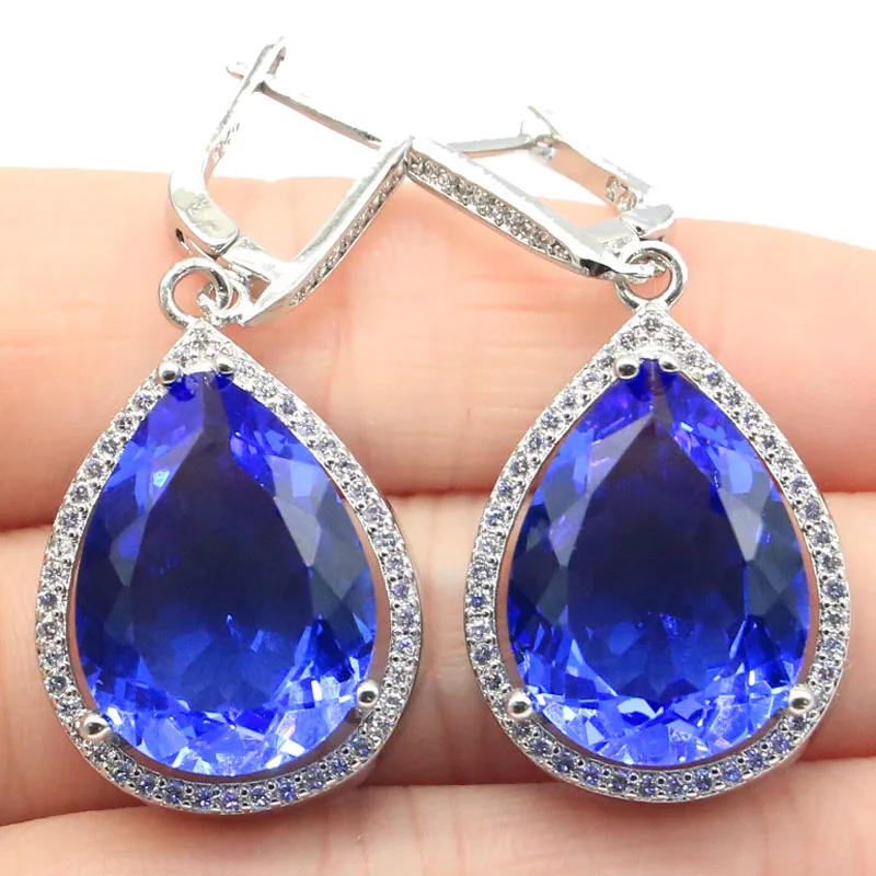 

43x19mm Elegant 20x15mm Created 17g Rich Blue Violet Tanzanite CZ Gift For Woman's Silver Earrings