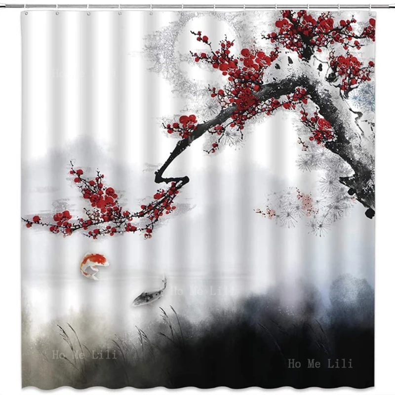 

Japanese Asian Art Mountain Red Plum Cherry Blossoms Branch Traditional Zen Shower Curtain Polyester Fabric Bathroom Decoration