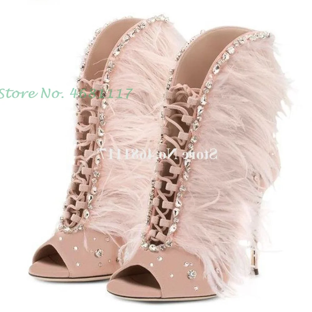 Cut Out Crystal Feather Ankle Boots Super High Heels Fashion Women Peep Toe Suede Leather Rhinestone Fur Thin Heel Short Boots
Cut Out Crystal Feather Ankle Boots Super High Heels Fashion Women Peep Toe Suede Leather Rhinestone Fur Thin Heel Short Boots