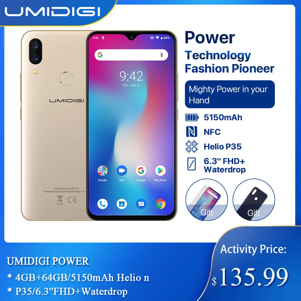 Глобальная версия UMIDIGI power Android 9 0 4 Гб + 64 5150 мАч батарея 18 Вт 6 3 'FHD экран капли воды