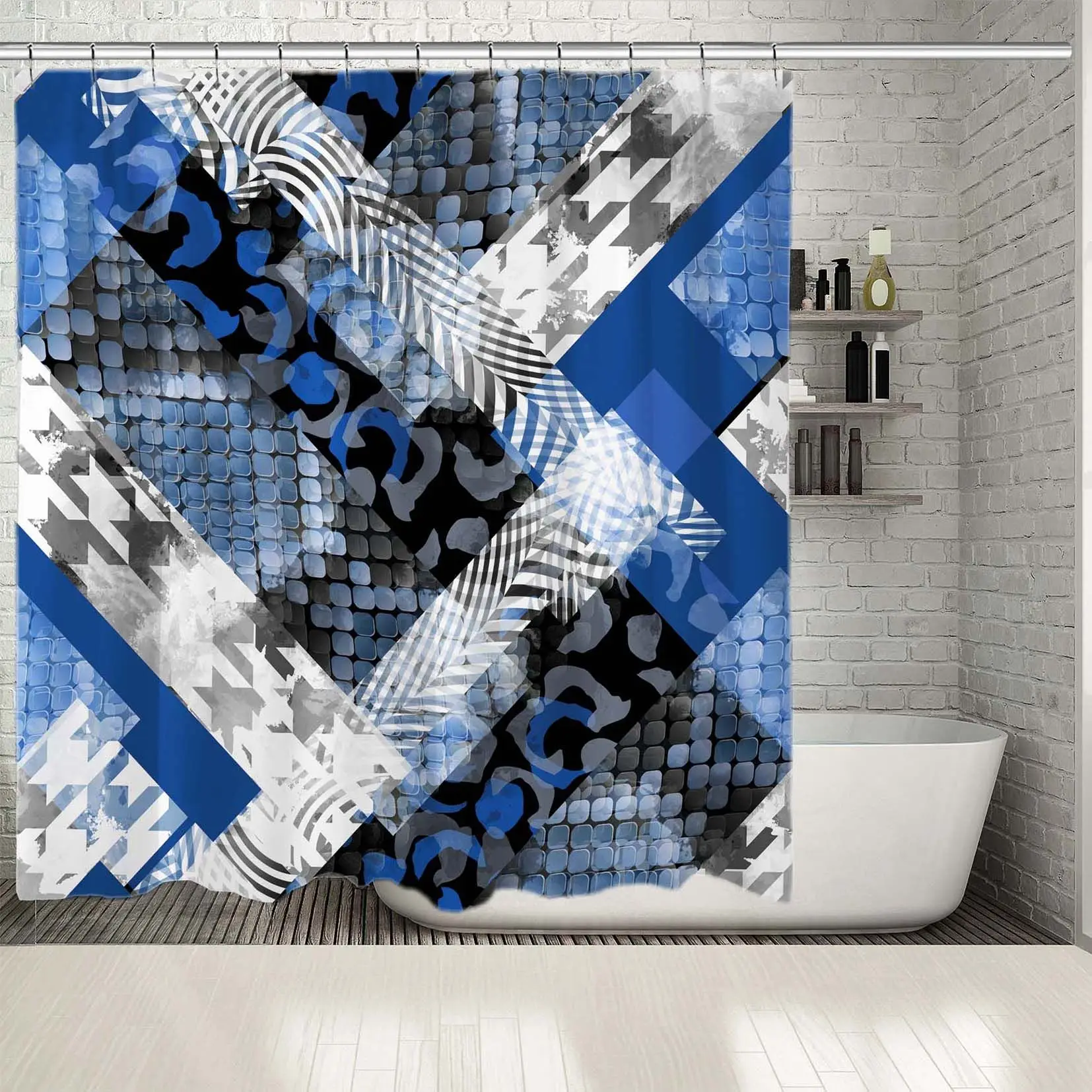Shower Curtain Snakeskin Leopard Animal Prints in Geometric Pattern Patchwork Style Artwork Blue Black White
Shower Curtain Snakeskin Leopard Animal Prints in Geometric Pattern Patchwork Style Artwork Blue Black White