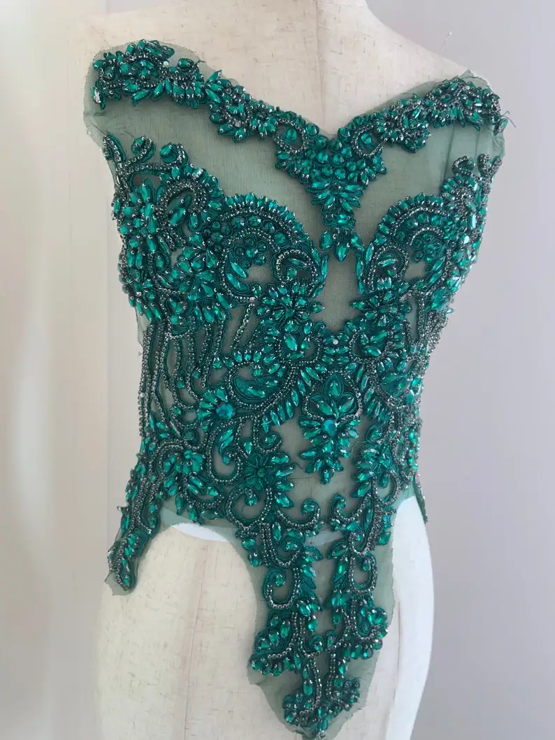 Dark Emerald Green Rhinestone Bodice Applique, Large Crystal Applique For Couture
Dark Emerald Green Rhinestone Bodice Applique, Large Crystal Applique For Couture