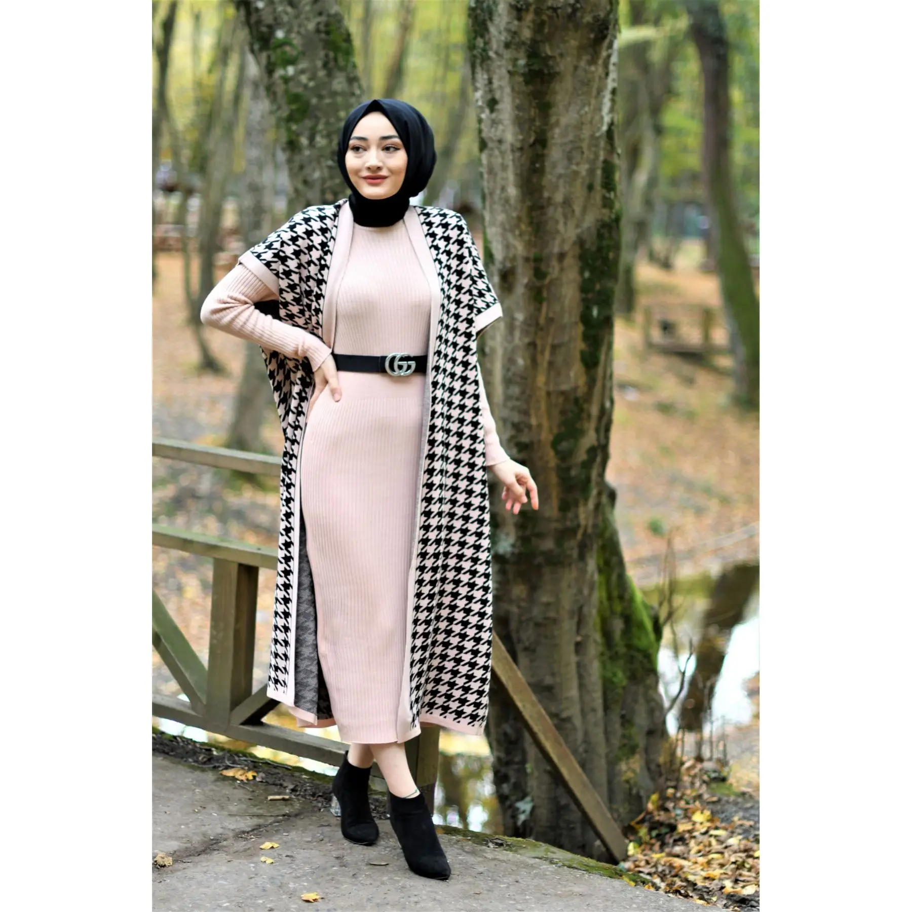 2 Piece Women's Set Crowbar Patterned Knitwear Maxi Turtleneck Dress and Cardigan Long Sleeve Turkey Muslim Fashion Dubai |