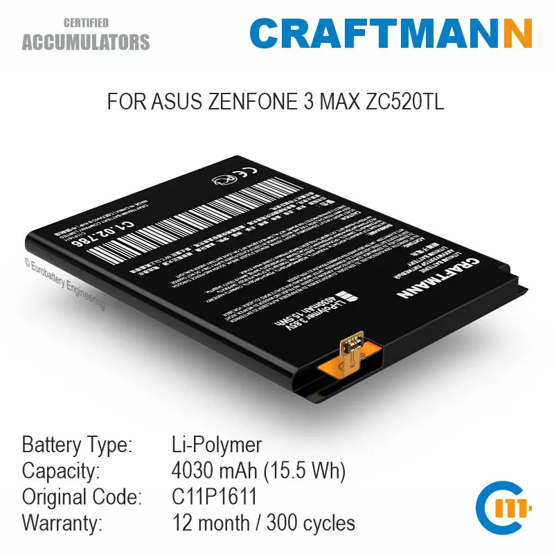 Аккумулятор Craftmann 4030 мАч для ASUS ZENFONE 3 MAX ZC520TL (C11P1611) | Мобильные телефоны и
