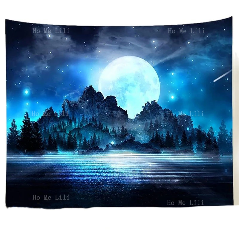 

Blue Island Forest Tapestry Moon Starry With Stars Wall Hangings Beautiful Nature Scape For Home Decor Bedroom Living Room