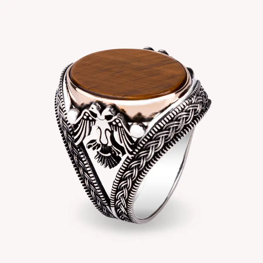 

Мужское серебряное кольцо 925 пробы с двумя головками орла с тигровым глазом эксклюзивный дизайн мужское кольцо подарок для Него