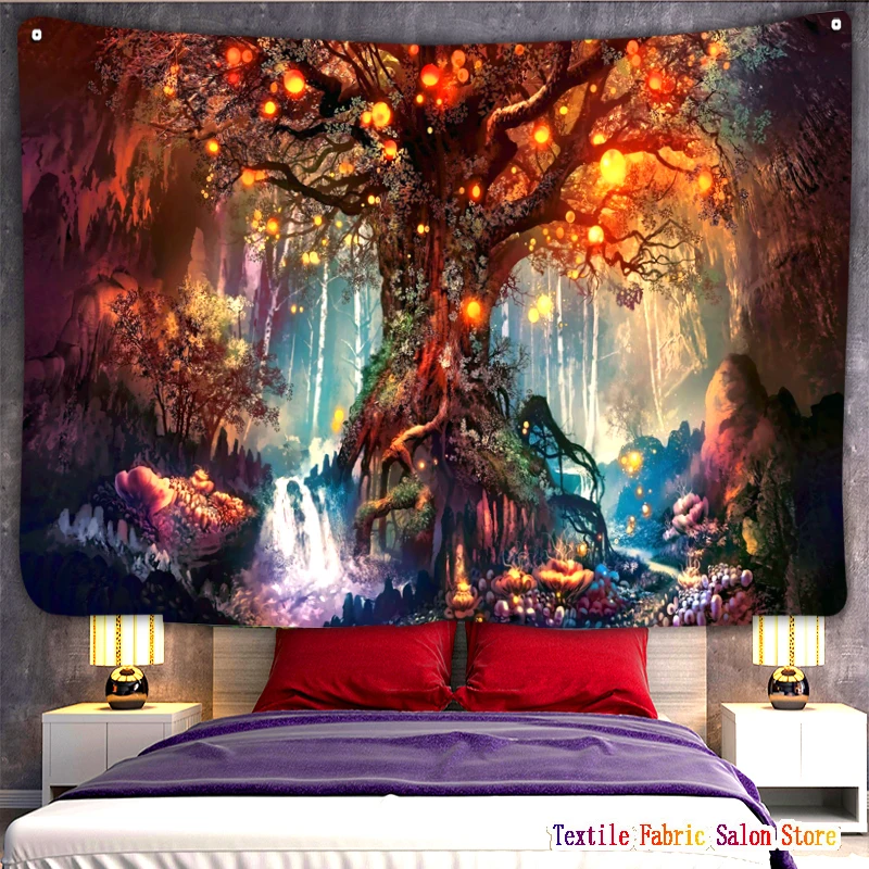 

Fantasy Plants Magic Forest Tapestry Fairy Tales A Large Tree Of Life Elf Waterfall Wall Art Hanging River Bedroom Living Room