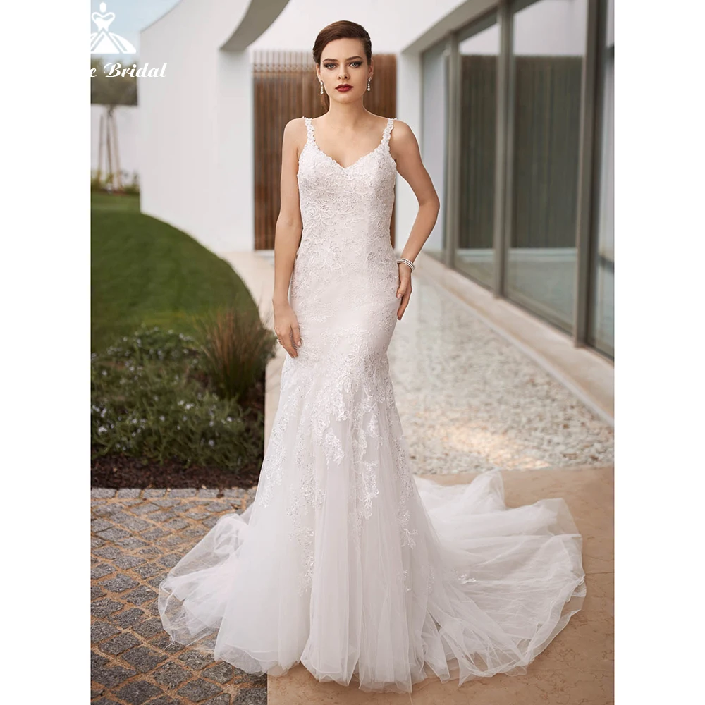 Elegant Mermaid Sleeveless Sweep Backless Spaghetti Straps V-neck Tulle Floor-Length Appliques Lace Wedding Dresses 2022 Bridal
Elegant Mermaid Sleeveless Sweep Backless Spaghetti Straps V-neck Tulle Floor-Length Appliques Lace Wedding Dresses 2022 Bridal