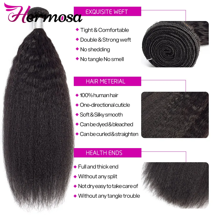 Hermosa Kinky Straight Brazilian Hair Bundles With 4x4 Lace Closure 100% Remy Human Extensions 3 | Шиньоны и парики