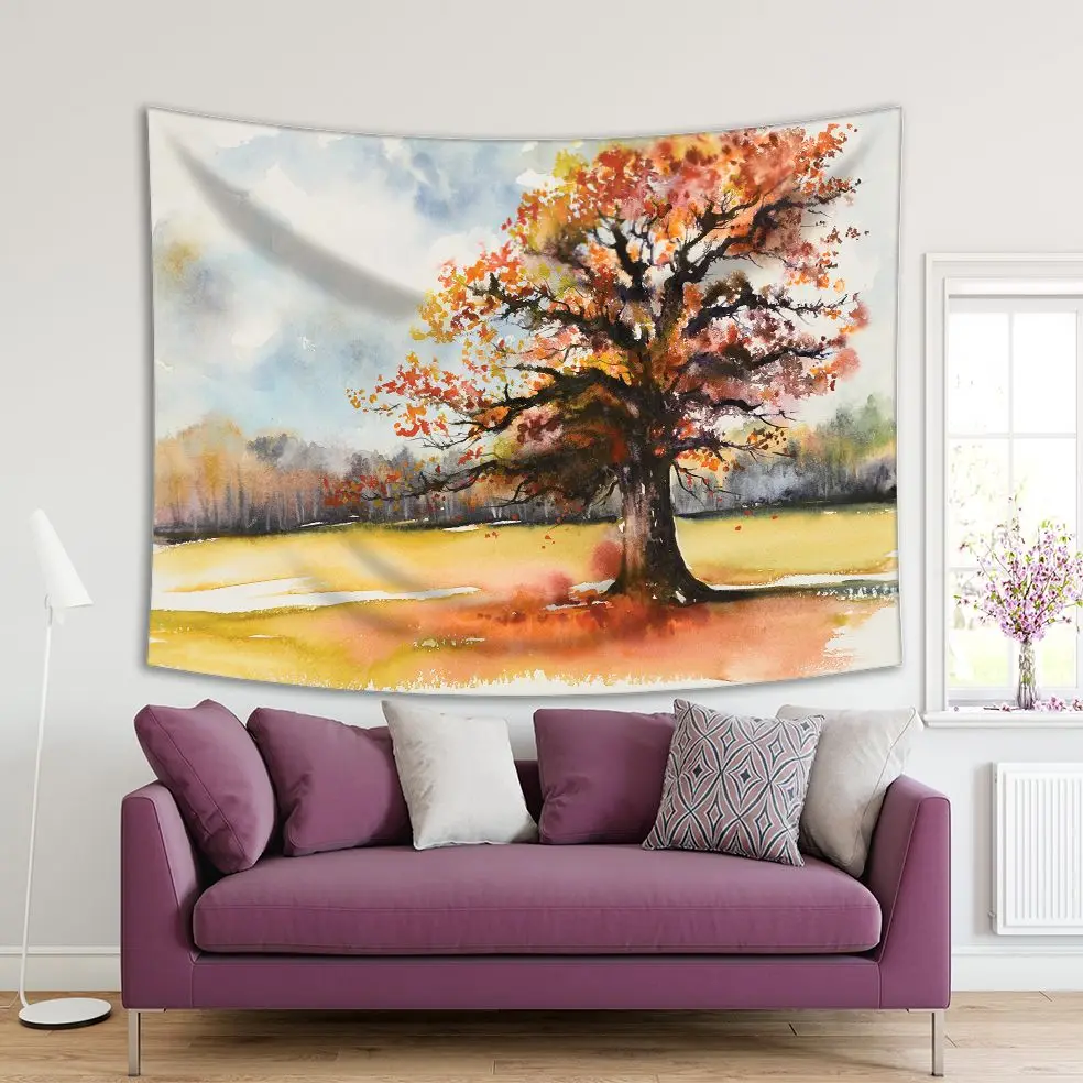 

Tapestry Oak Tree with Autumn Leaves Forest Nature Countryside Watercolor Painting in Black Orange Blue Artwork Print