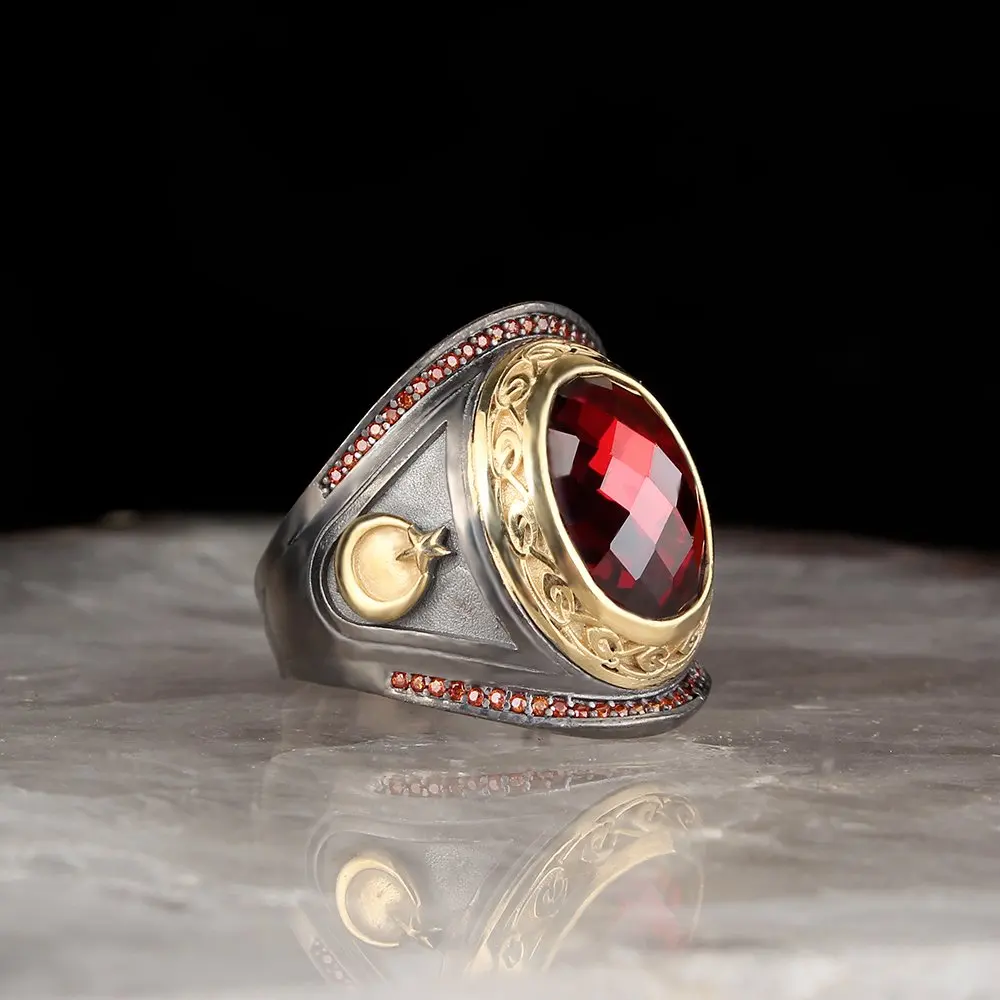 

Мужское серебряное кольцо 925 пробы с красным цирконом и полумесяцем, украшение в виде звезды, Сделано в Турции, подарок для мужчин, серебряны...