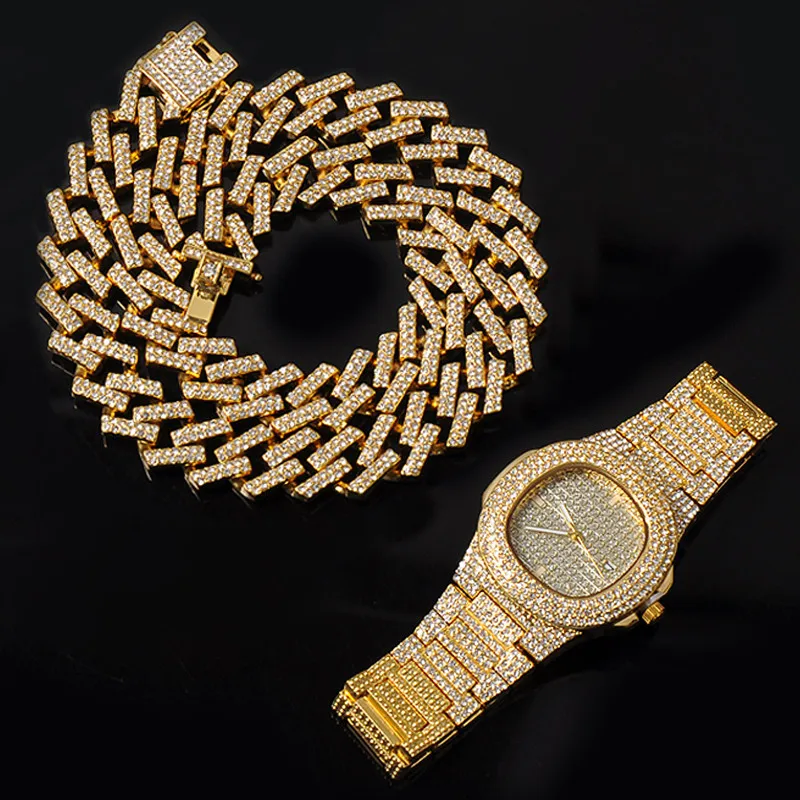 Ожерелье + часы браслет в стиле хип хоп МАЙАМИ панцирная кубинская цепь с золотым